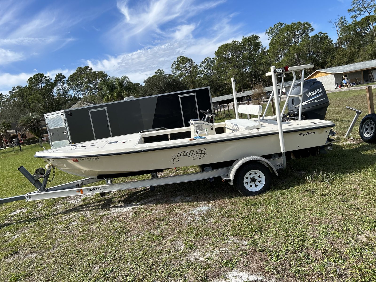 Key West bay boat with Yamaha outboard on a trailer