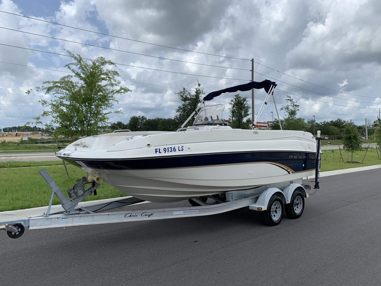 Regal deck boat on a trailer