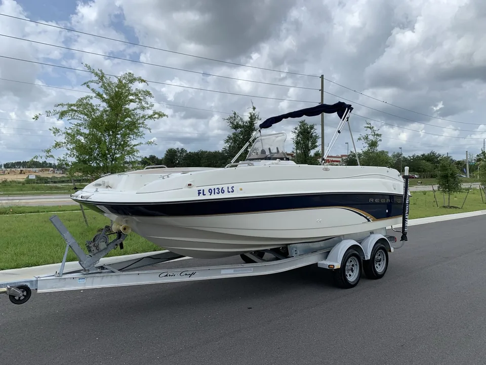 Regal deck boat on a trailer